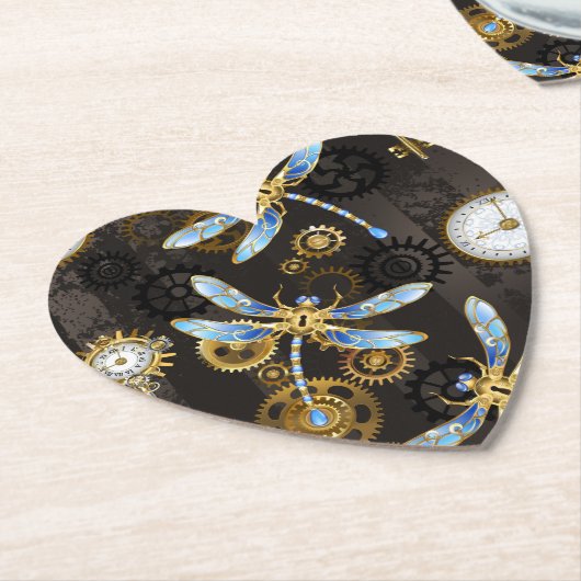 Steampunkdrachenfliegen auf braunem, gestreiften H Untersetzer (angewinkelt)