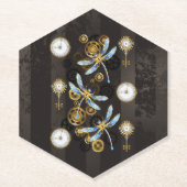 Steampunkdrachenfliegen auf braunem, gestreiften H Untersetzer (Vorderseite)