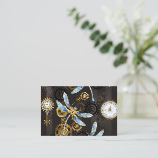 Steampunkdrachenfliegen auf braunem, gestreiften H Visitenkarte (Stehend Vorderseite)