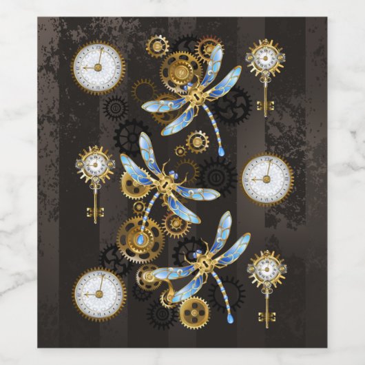 Steampunkdrachenfliegen auf braunem, gestreiften H Weinetikett (Einzelnes Label)