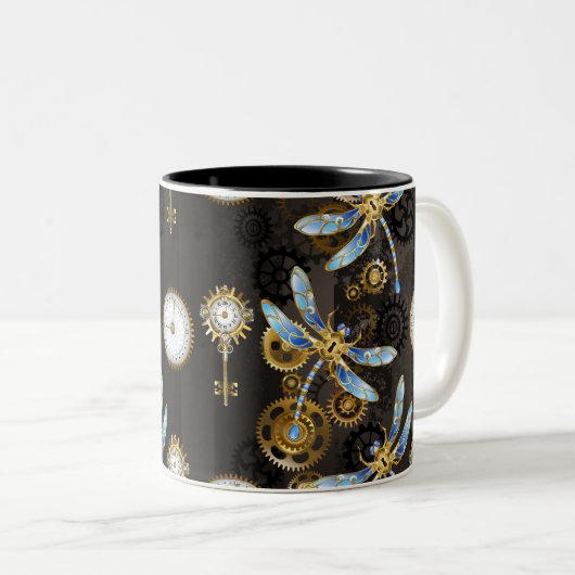 Steampunkdrachenfliegen auf braunem, gestreiften H Zweifarbige Tasse (VorderseiteRechts)