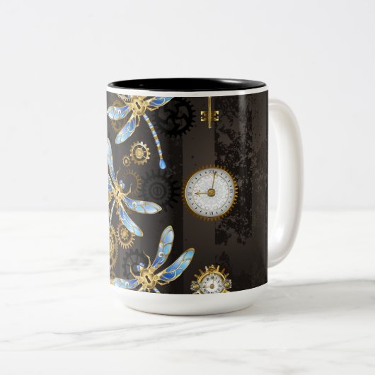 Steampunkdrachenfliegen auf braunem, gestreiften H Zweifarbige Tasse (VorderseiteRechts)