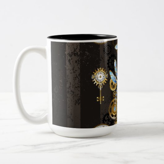 Steampunkdrachenfliegen auf braunem, gestreiften H Zweifarbige Tasse (Links)