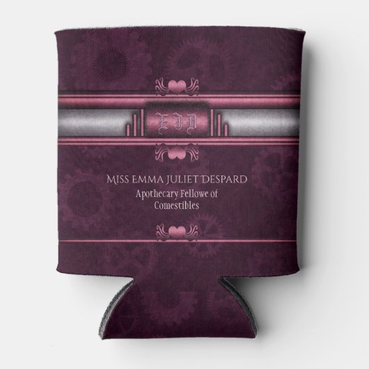 Steampunken, rosa Herz mit Monogramm-Typenschild Dosenkühler (Vorderseite)