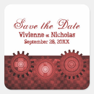 Steampunkgears Save the Date Sticker, rot Quadratischer Aufkleber