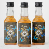 Steampunkgeere und blaue Schmetterlinge Alkoholflaschenetikett (Flaschen)