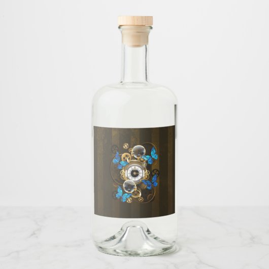 Steampunkgeere und blaue Schmetterlinge Alkoholflaschenetikett (Vorderseite)