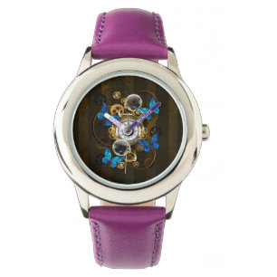 Steampunkgeere und blaue Schmetterlinge Armbanduhr