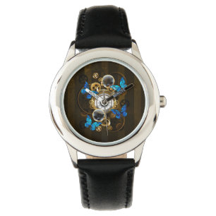 Steampunkgeere und blaue Schmetterlinge Armbanduhr