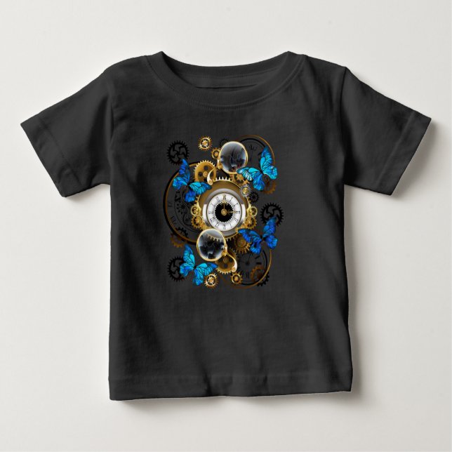 Steampunkgeere und blaue Schmetterlinge Baby T-shirt (Vorderseite)