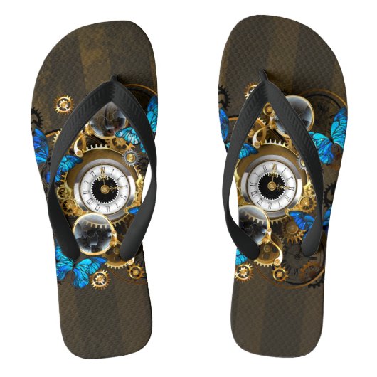 Steampunkgeere und blaue Schmetterlinge Badesandalen (Fußbett)
