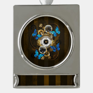 Steampunkgeere und blaue Schmetterlinge Banner-Ornament Silber