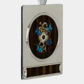 Steampunkgeere und blaue Schmetterlinge Banner-Ornament Silber (Rechts)