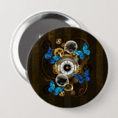 Steampunkgeere und blaue Schmetterlinge Button (Vorne & Hinten)
