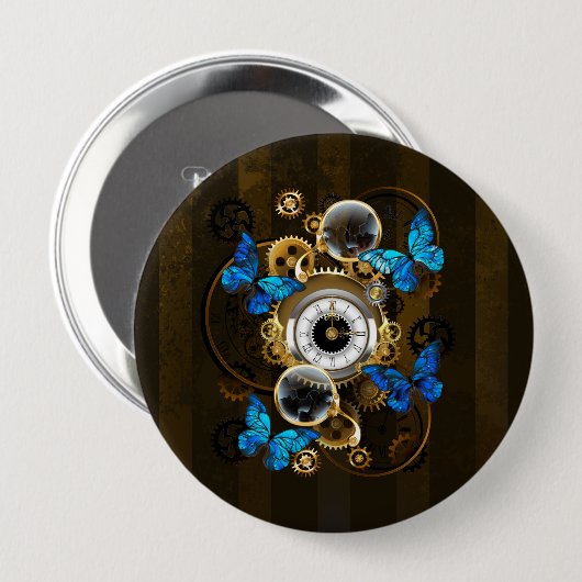Steampunkgeere und blaue Schmetterlinge Button (Vorne & Hinten)