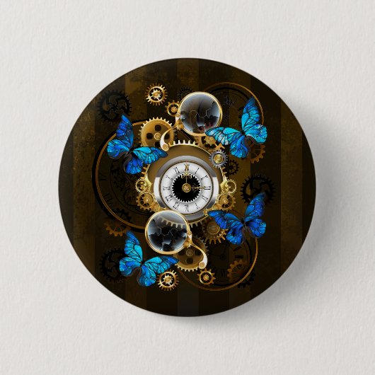 Steampunkgeere und blaue Schmetterlinge Button (Vorderseite)