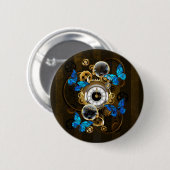 Steampunkgeere und blaue Schmetterlinge Button (Vorne & Hinten)