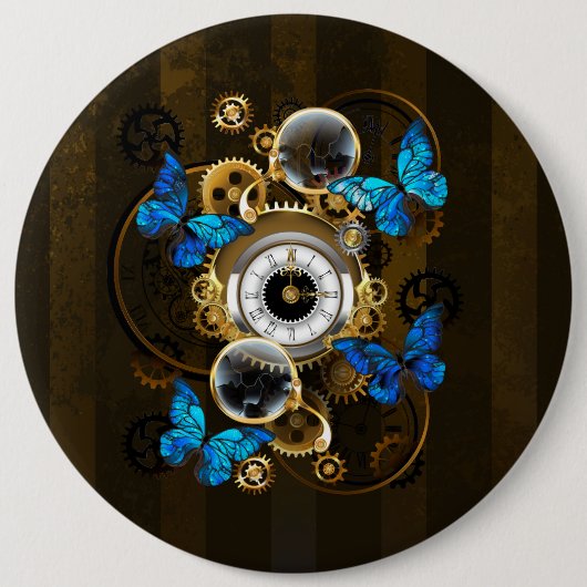 Steampunkgeere und blaue Schmetterlinge Button (Vorderseite)