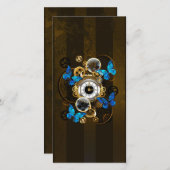 Steampunkgeere und blaue Schmetterlinge Dankeskarte (Vorne/Hinten)