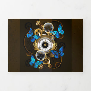 Steampunkgeere und blaue Schmetterlinge Dreifach Gefaltete Einladung