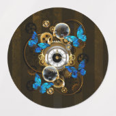 Steampunkgeere und blaue Schmetterlinge Etiketten (Design 2)