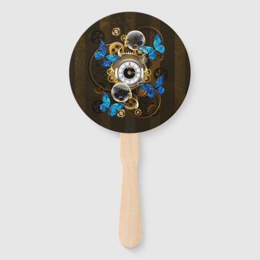 Steampunkgeere und blaue Schmetterlinge Fächer (Vorderseite)
