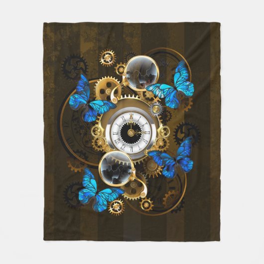 Steampunkgeere und blaue Schmetterlinge Fleecedecke (Vorderseite)