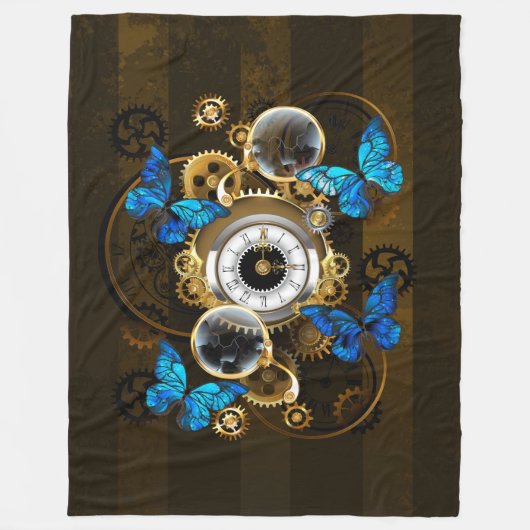 Steampunkgeere und blaue Schmetterlinge Fleecedecke (Vorderseite)