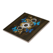 Steampunkgeere und blaue Schmetterlinge Fliese (Seite)