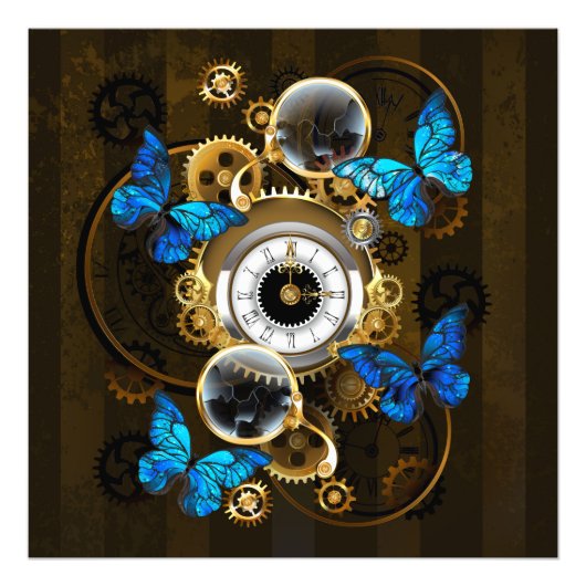 Steampunkgeere und blaue Schmetterlinge Fotodruck (Vorne)