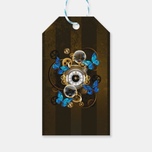 Steampunkgeere und blaue Schmetterlinge Geschenkanhänger (Vorderseite)