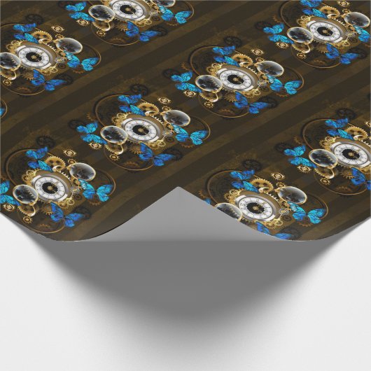 Steampunkgeere und blaue Schmetterlinge Geschenkpapier (Ecke)