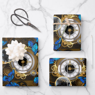 Steampunkgeere und blaue Schmetterlinge Geschenkpapier Set
