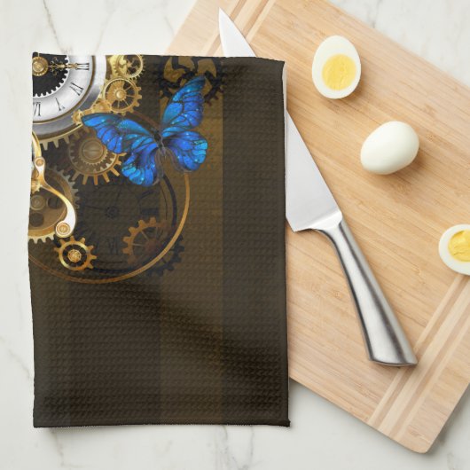 Steampunkgeere und blaue Schmetterlinge Geschirrtuch (Viertel Falte)