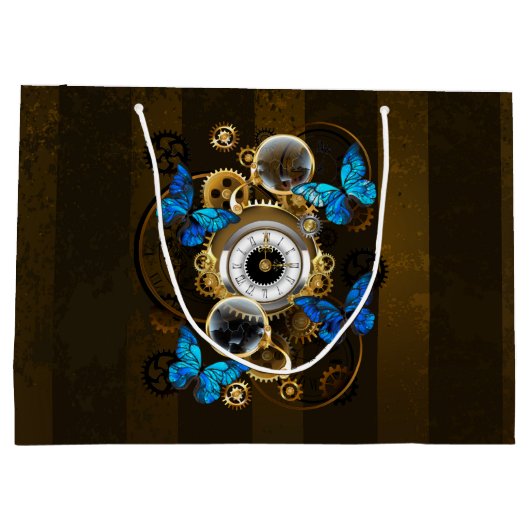 Steampunkgeere und blaue Schmetterlinge Große Geschenktüte (Rückseite)