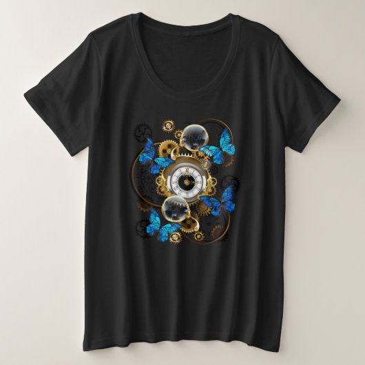 Steampunkgeere und blaue Schmetterlinge Große Größe T-Shirt (Design vorne)