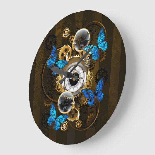 Steampunkgeere und blaue Schmetterlinge Große Wanduhr (Winkel)