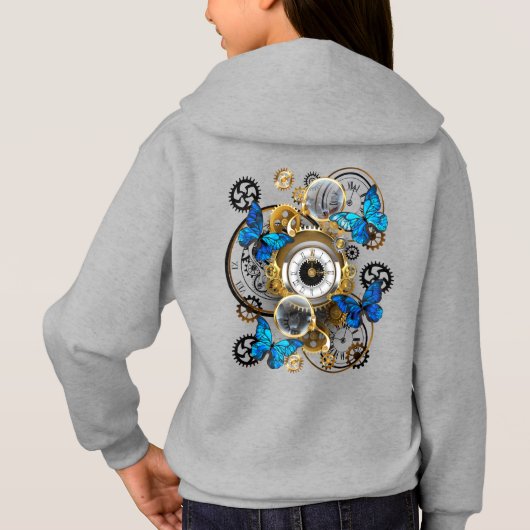 Steampunkgeere und blaue Schmetterlinge Hoodie (Rückseite)