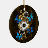 Steampunkgeere und blaue Schmetterlinge Keramik Ornament (Rechts)