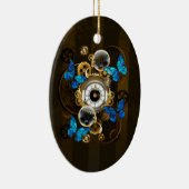 Steampunkgeere und blaue Schmetterlinge Keramik Ornament (Rechts)