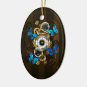 Steampunkgeere und blaue Schmetterlinge Keramik Ornament (Links)