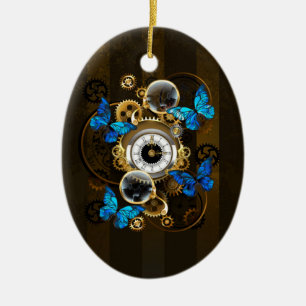 Steampunkgeere und blaue Schmetterlinge Keramik Ornament
