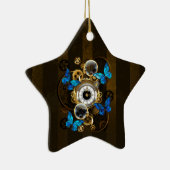 Steampunkgeere und blaue Schmetterlinge Keramik Ornament (Rechts)