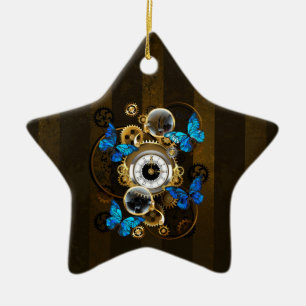 Steampunkgeere und blaue Schmetterlinge Keramik Ornament