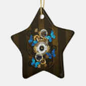 Steampunkgeere und blaue Schmetterlinge Keramik Ornament (Links)