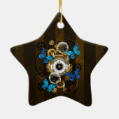 Steampunkgeere und blaue Schmetterlinge Keramik Ornament (Hinten)