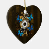 Steampunkgeere und blaue Schmetterlinge Keramik Ornament (Rechts)