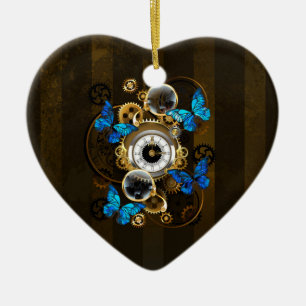 Steampunkgeere und blaue Schmetterlinge Keramik Ornament
