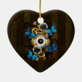 Steampunkgeere und blaue Schmetterlinge Keramik Ornament (Hinten)
