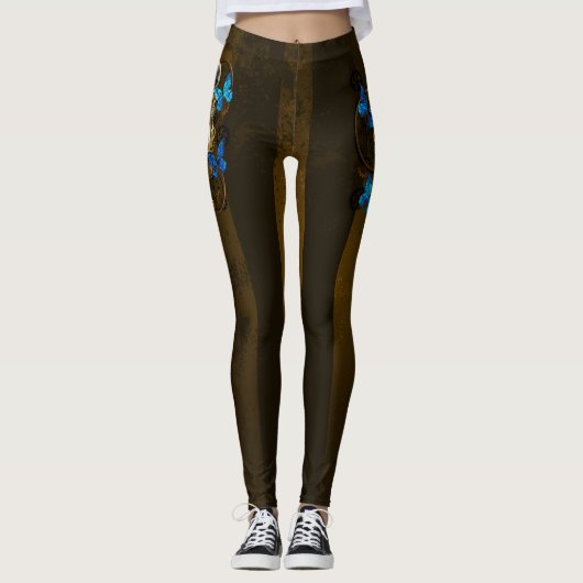 Steampunkgeere und blaue Schmetterlinge Leggings (Vorderseite)